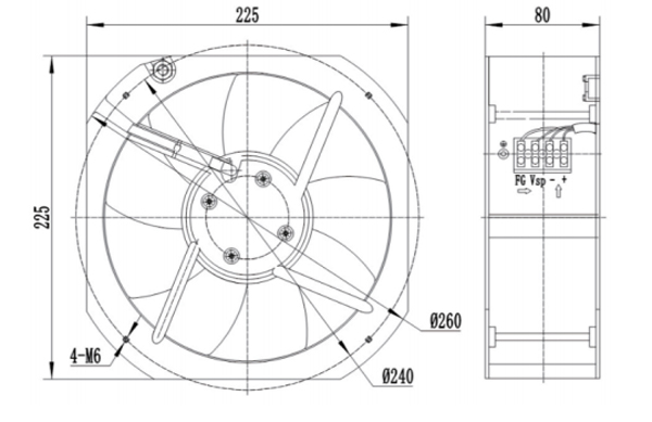 Dimension of AG200C-D092A Axial Fan 225-80B