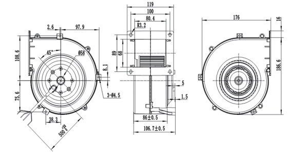 Dimension of DG120C-A092A2 Forward Curved Single Inlet Φ 120-62